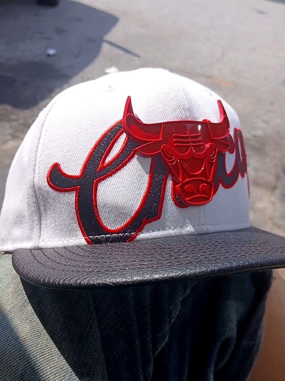 White and Black Snapback Hat with Red Bulls Emblem